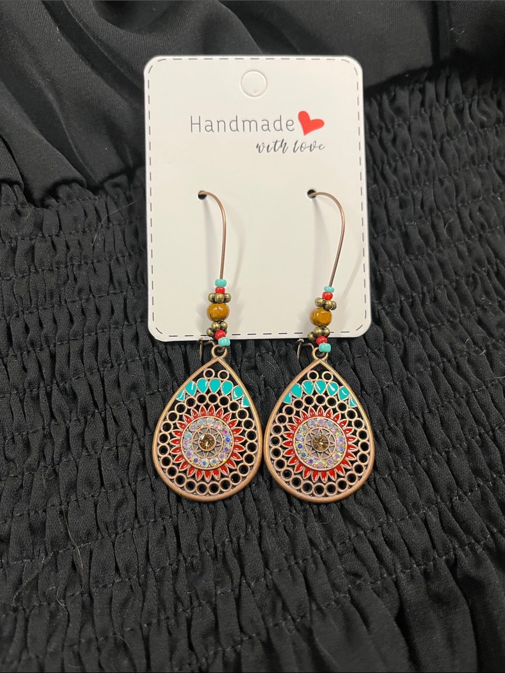 Handmade Teardrop Dangle Earrings in Turquoise and Red by